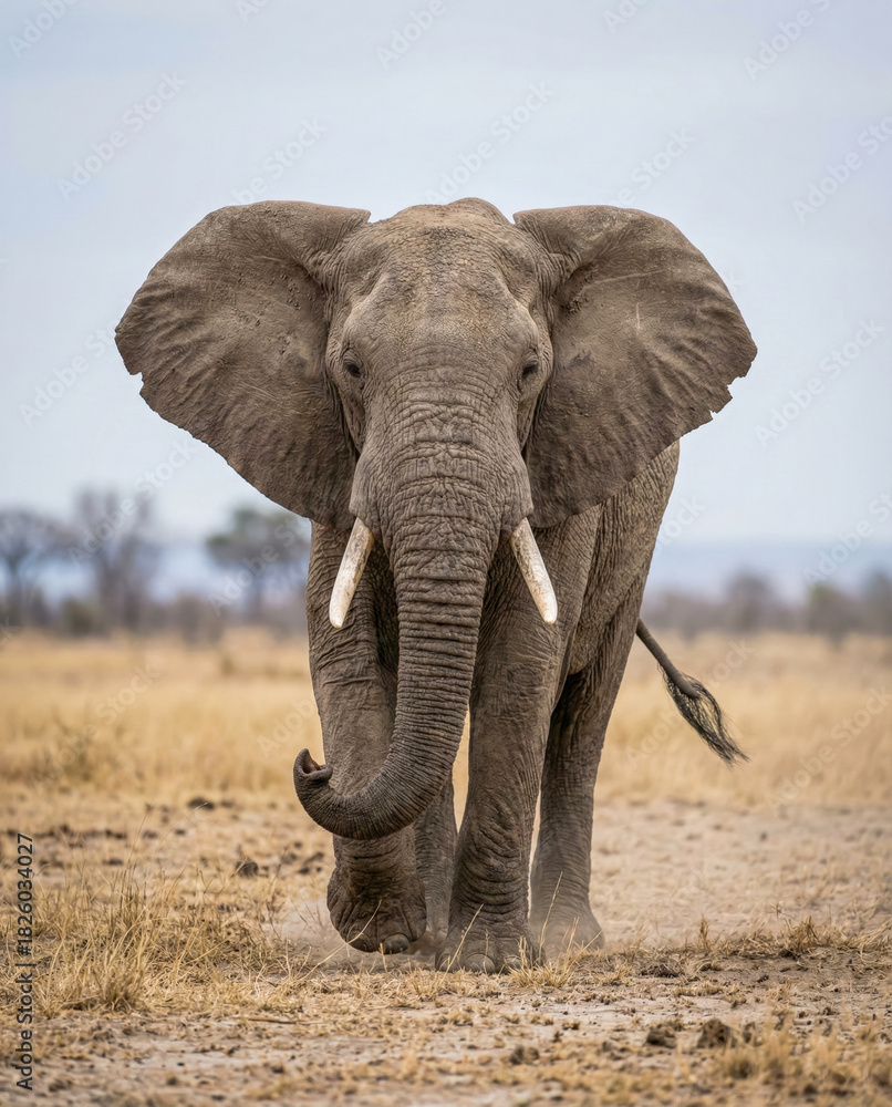 Fototapeta premium Large African elephant walking forward towards the camera in the dry savanna wilderness with ears spread