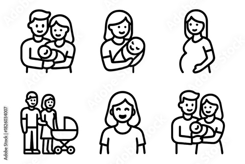 Simple line icons for family, maternity, newborn baby, and parental care