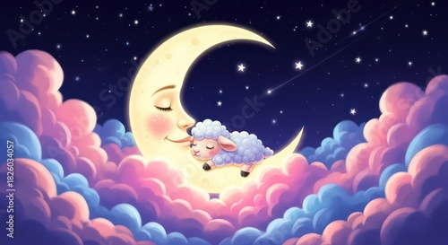Dreamy night scene with crescent moon, sheep, fluffy clouds and sparkling stars