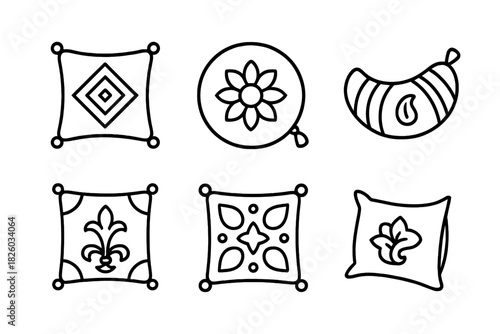 Six decorative pillows and cushions featuring various ornamental designs and patterns