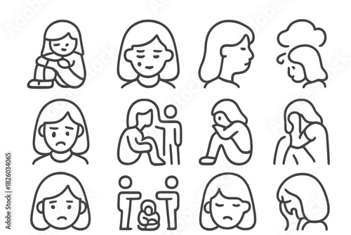 Icons of sadness, depression, anxiety, and mental health issues affecting women