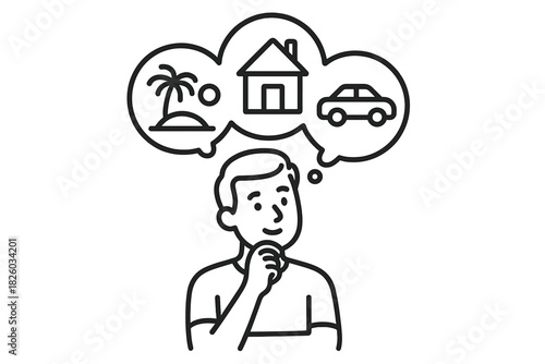 Man contemplating major life goals and desires such as travel, home ownership, and buying a car