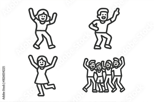 Minimal outline pictograms showing happy people dancing and celebrating at a party