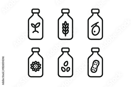 Set of symbols depicting common food allergens and plant-based ingredients in small bottles