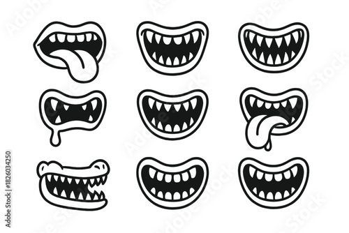 Nine black and white cartoon monster mouths with sharp fangs and spooky expressions