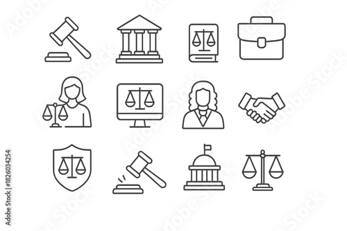 Law, justice, and legal system outline symbols for court and attorney services