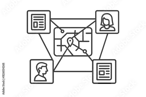 Decentralized network connecting user profiles, data documents, and a central geographical map