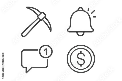 Mining pickaxe, notification bell, message alert, and dollar currency coin symbols