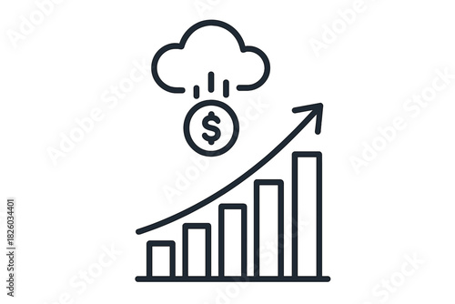 Financial growth from cloud computing with dollar rain over rising bar chart