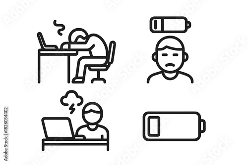 Professional burnout, work fatigue, low energy, and stress concepts featuring battery indicators and tired employees