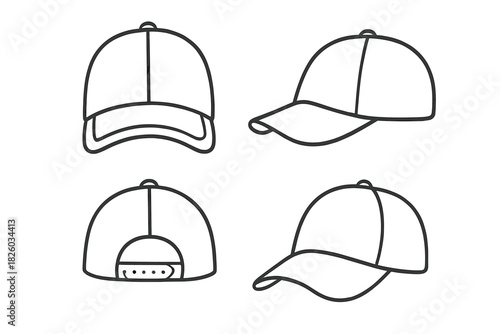 Line art views of a baseball cap showing front, side, back, and three-quarter angles