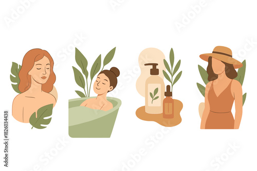 Abstract collection of self-care rituals, women relaxing, and natural organic beauty products