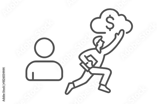 Person running and reaching for a cloud with a dollar sign symbolizing financial goals and success