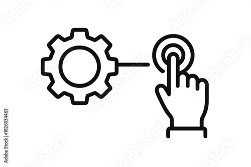 Hand clicking target connected to gear icon symbolizing system configuration and control