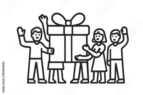 Happy group of friends or colleagues celebrating an event and carrying a huge wrapped present with a bow