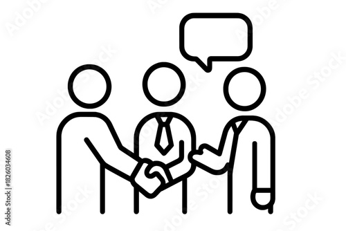 Business partners handshake agreement observed by third person with communication speech bubble