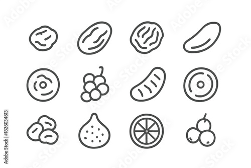 Simple outline icons set of dried fruits, nuts, berries, and citrus snacks