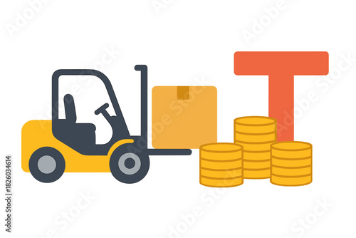 Industrial forklift transporting a cardboard box near stacks of currency and a growing graph