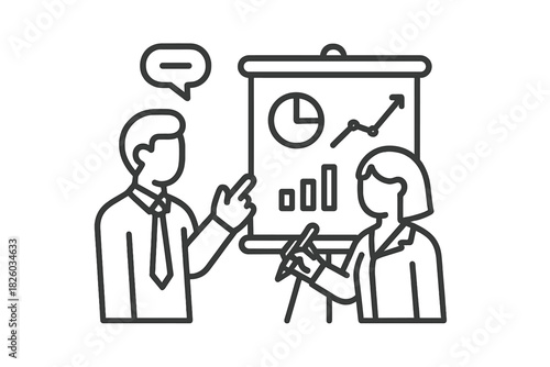 Two colleagues reviewing business statistics and performance metrics on a whiteboard