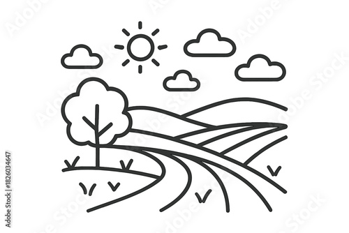Minimalist rural landscape with rolling hills, solitary tree, and sun shining in the sky