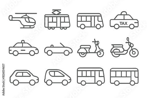 Various public and private transportation vehicles set of linear symbols for travel and mobility