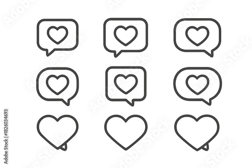 Outline heart icons and speech bubbles for social media likes and love messages