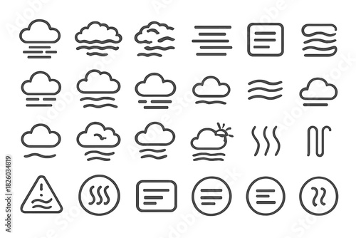 Atmospheric weather condition icons: fog, mist, haze, and air quality symbols