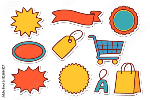 Colorful retro style shopping and sale stickers set with badges, banners, and retail icons