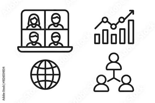 Essential business icons set featuring video conference, global network, growth chart, and team structure