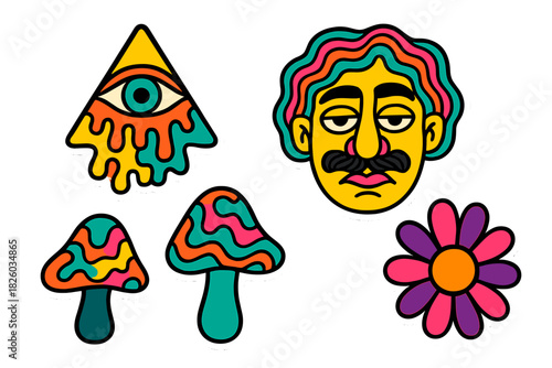 Colorful psychedelic stickers set with melting eye, man's face, mushrooms, and flower