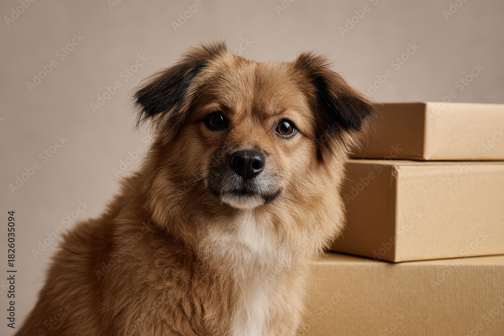 Fototapeta premium Cute dog, brown fur, delivery boxes, studio background, playful mood