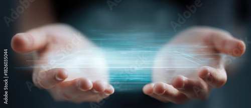 Futuristic technology hologram digital interface hands innovation glow virtual blue feel