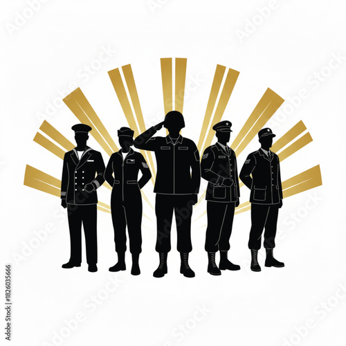 Silhouettes of military veterans standing proudly with rays of light behind them in vector style.