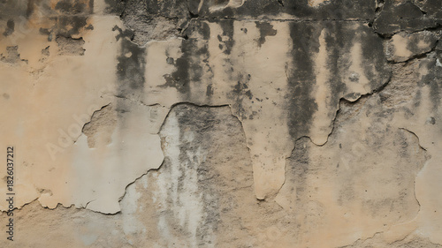 A closeup view of a weathered, textured wall with cracks and dark stains
