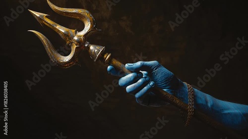 Hand holding a golden trident against a dark background