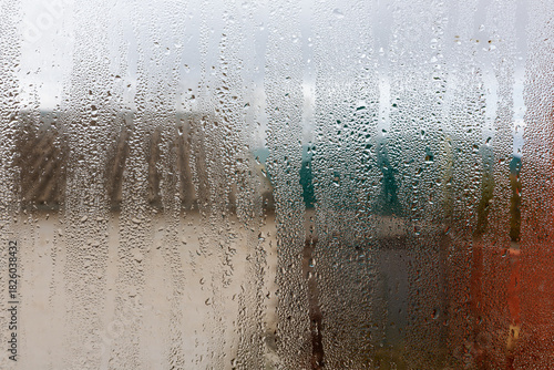 View from the window through the fogged glass.