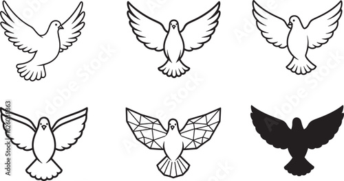 Diverse set of peace dove outline, geometric, and silhouette vector icons. symbolizing freedom, holy spirit, love, and religious concepts. Vector