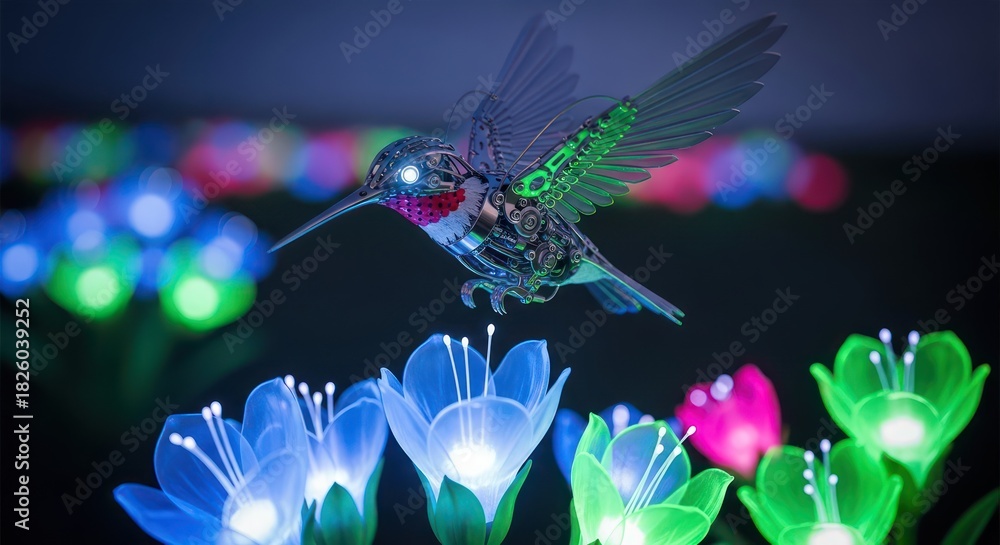 Fototapeta premium Cybernetic hummingbird gracefully hovering above luminous flora in a dreamlike setting