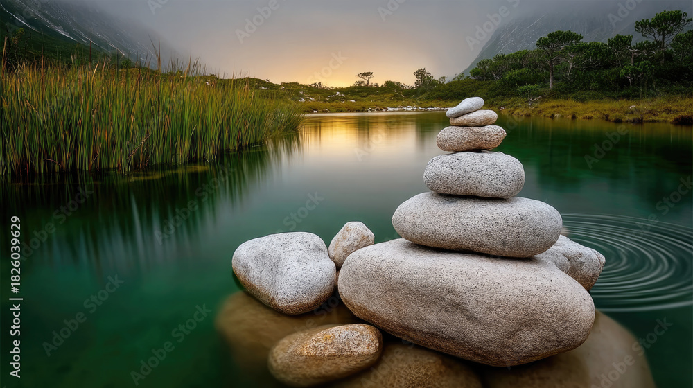 Fototapeta premium Balanced stone stack on smooth rock in tranquil green lake, misty mountain background, peaceful nature, calm water reflection