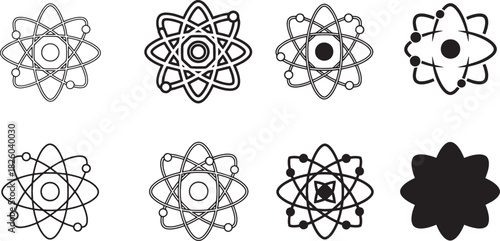 Collection of diverse atom model vector icons for scientific research, education, and technology illustrations, representing atomic structure concepts and nuclear power. Vector