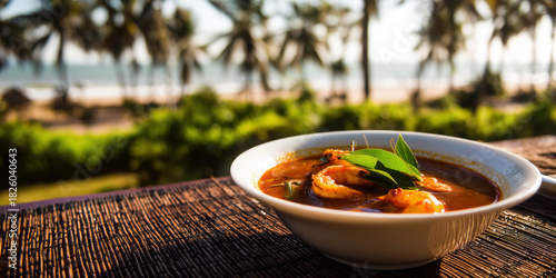Fototapeta Naklejka Na Ścianę i Meble -  Delicious shrimp curry served in a bowl with a beautiful tropical beach background. flavorful shrimp curry is a perfect meal to enjoy while taking in the beautiful scenery of a tropical beach.