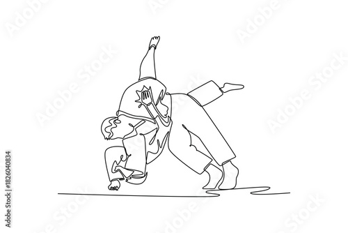Continuous one line drawing two men are performing dynamic throw with one executing a hip-and-shoulder technique. Power, balance, and fluid motion. Single line draw design vector graphic illustration