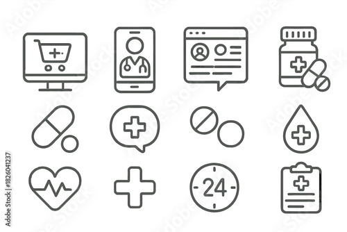 Outline symbols for digital medical services, online pharmacy, and modern healthcare applications