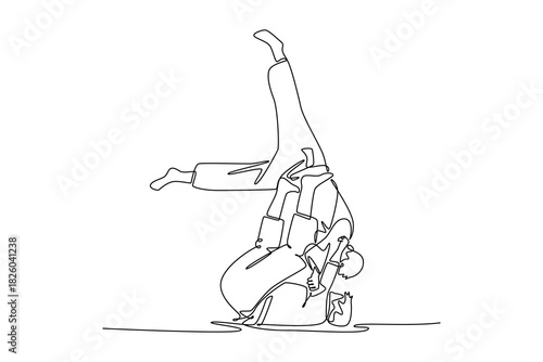 Single continuous line drawing two men performing dynamic throw, with one figure inverted in mid-air during execution of Judo or martial art technique. One line draw graphic design vector illustration