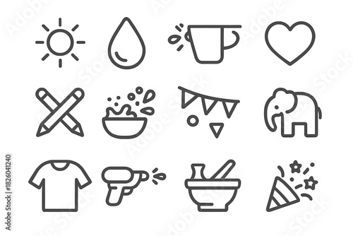 Minimalist outline symbols featuring summer, water, celebration, and everyday items