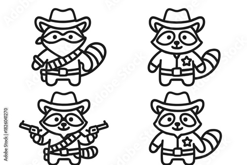 Cute cartoon raccoon characters set wearing cowboy hats and western outfits