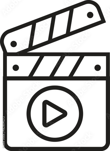 Black and white illustration of a clapperboard with a play button, used in filmmaking.