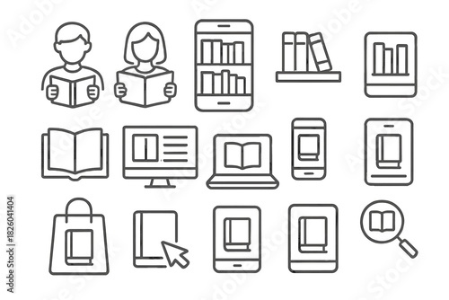 Outline icons for digital library services, online reading, and educational technology