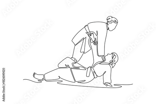 Single continuous line drawing two women are locked in close-quarters grapple on the ground with one applying leg control or choke hold over the other. One line draw graphic design vector illustration