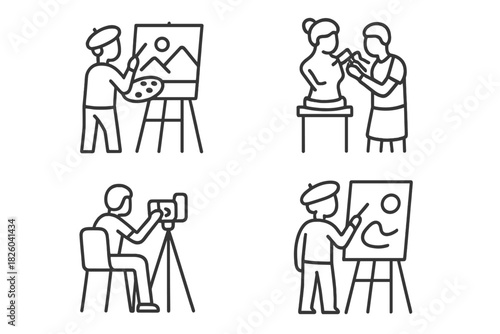 Creative professions set featuring painting, sculpting, and photography occupations
